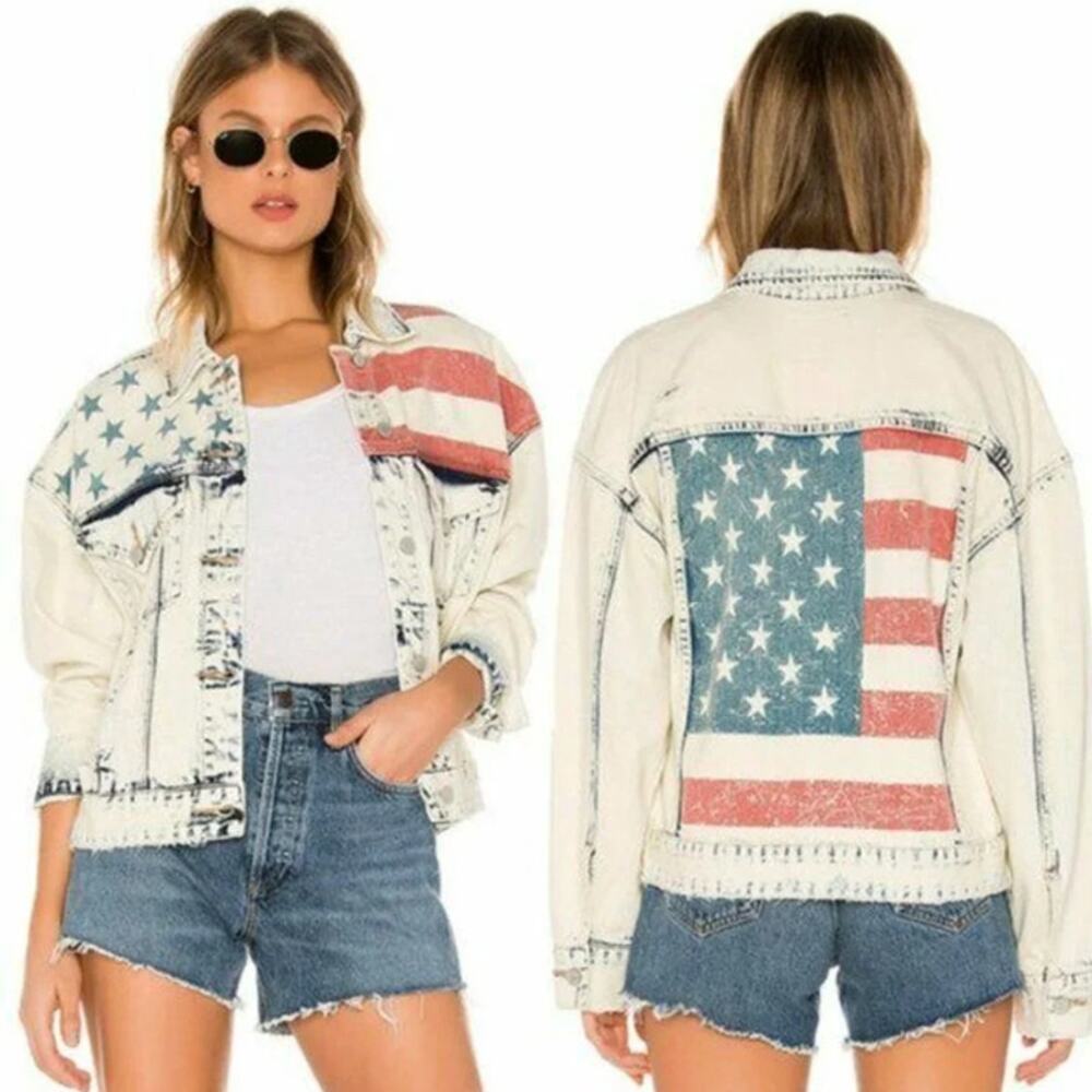 Blank NYC American Flag Oversized Denim Jacket Acid Wash Size Small
